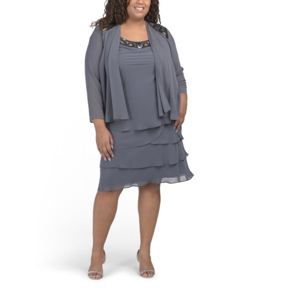 SL FASHIONS Steel Plus Chiffon Midi Dress With Jacket - Picture 1 of 2